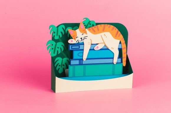 Cat on Books Box Card: 3D SVG for Ornaments